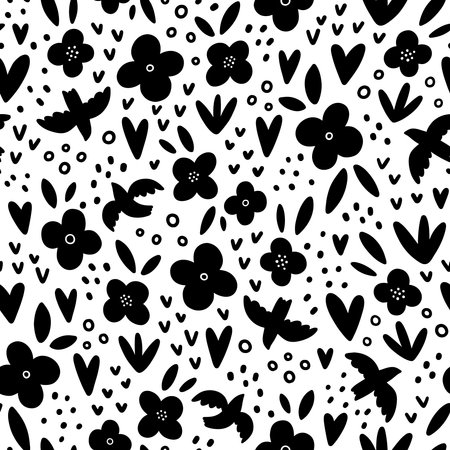 Birds, flowers and hearts, black and white vector seamless pattern, isolated on white backgroundのイラスト素材