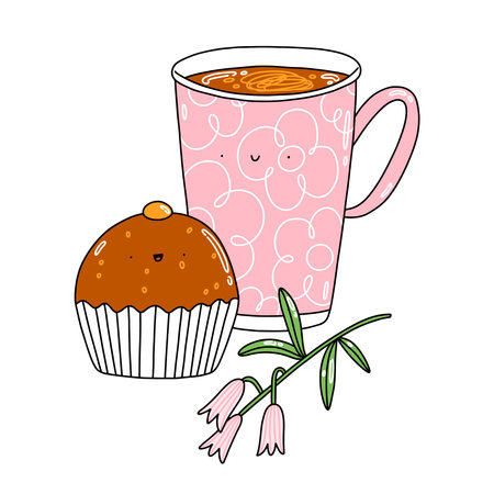 Chocolate cupcake, coffee mug and pink flowers, cute vector cartoon characters, illustration isolated on white backgroundのイラスト素材