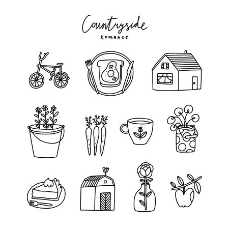 Countryside romance vector doodles collection about farm, fresh vegetables, cozy home, outlined icons set, isolated on whiteのイラスト素材
