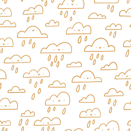 Golden outline happy clouds, rainy weather, vector seamless pattern illustrationのイラスト素材