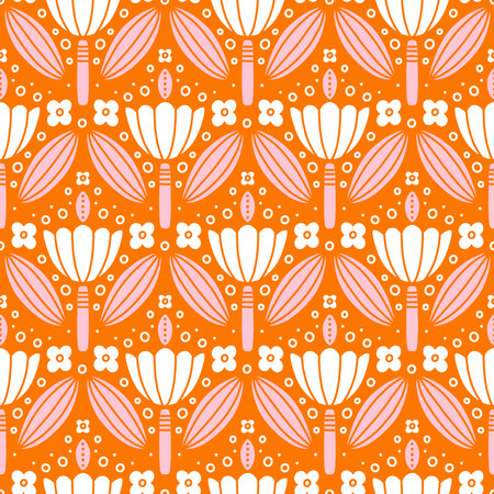 Pink and white flowers symmetric ornament, folk motives, vector seamless patternのイラスト素材