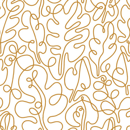 Golden autumn outline leaves seamless pattern, hand drawn mono line, one line drawingの写真素材