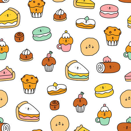 Cute pastry characters, cartoon macarons, cupcakes and cookies, vector seamless patternのイラスト素材