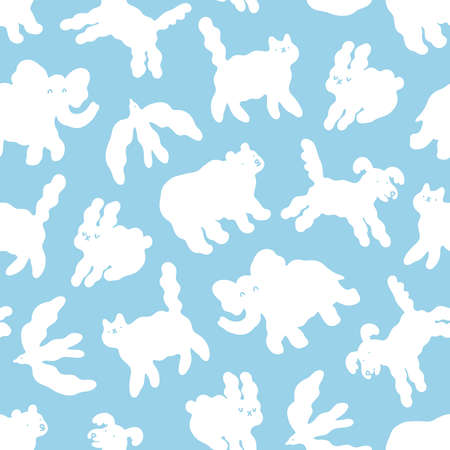 Abstract cloud animals in the sky cartoon, vector seamless pattern on blue backgroundのイラスト素材