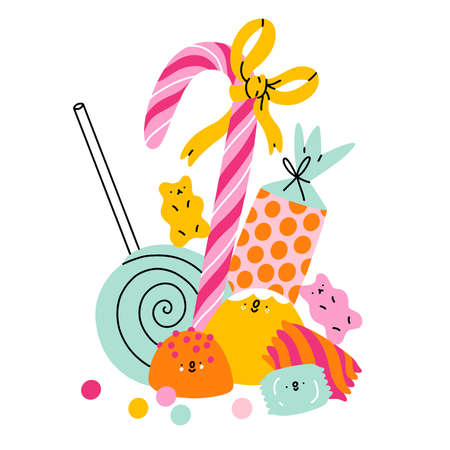 Candy land characters, lollipops, cute jelly candy, chewing gum, vector composition, isolated on whiteのイラスト素材