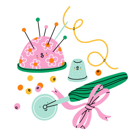 Sewing cartoon accessories and supplies characters, vector illustration isolated on white backgroundのイラスト素材