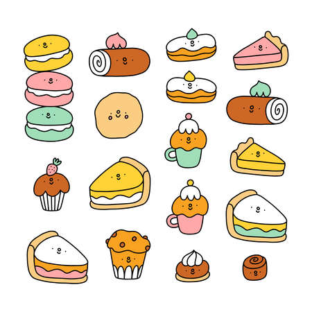 Cute pastry characters, cartoon macarons, cupcakes and cookies illustration collectionのイラスト素材