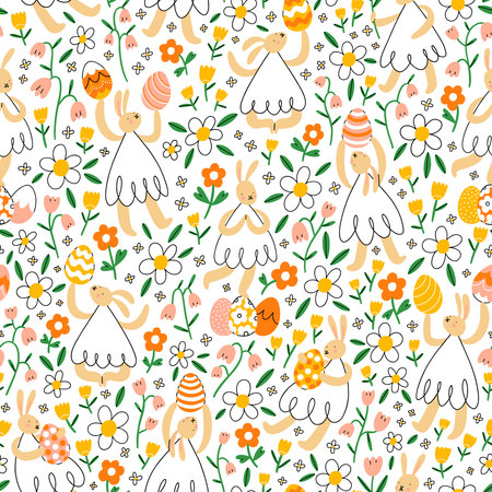 Easter bunnies with eggs in flower field in seamless patternのイラスト素材
