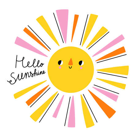 Hello sunshine hand drawn lettering, cartoon sun character with colorful sunbeams, vector illustration isolated on whiteのイラスト素材