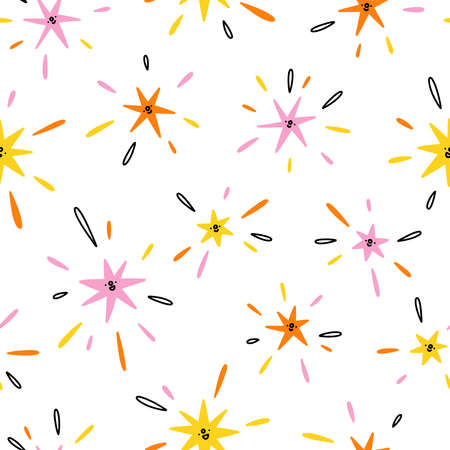 Colorful and shiny cartoon stars in seamless pattern on whiteのイラスト素材