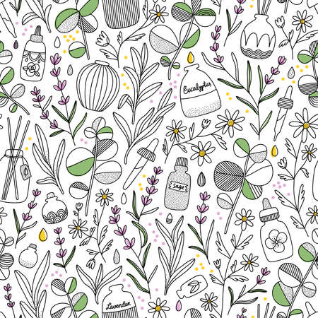 Aromatherapy aesthetic with different oil bottles and plants, vector seamless patternのイラスト素材