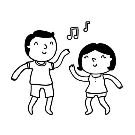 Cute cartoon couple dancing and having fun, isolated vector outline illustrationのイラスト素材