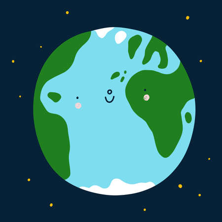 Planet Earth cute and happy cartoon vector character, space illustration, save the Earthのイラスト素材