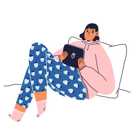 Cozy home style, girl with tablet, vector illustrationのイラスト素材