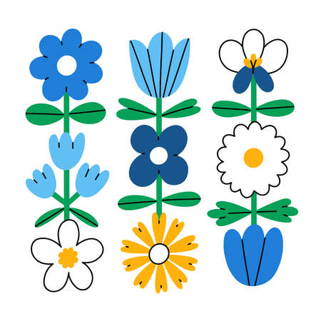 Abstract simple folk flowers, vector composition, isolated on white backgroundのイラスト素材