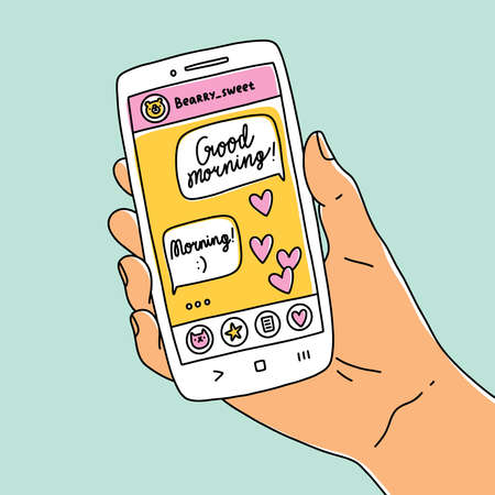 Hand with smartphone, texting good morning, sending good vibes, vector illustrationのイラスト素材