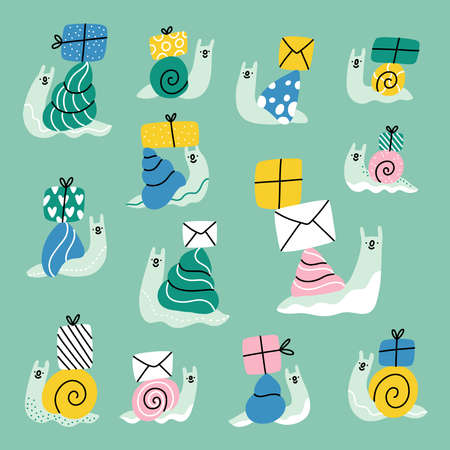 Cute cartoon snails with mail envelopes and present boxes, vector illustrations collectionのイラスト素材