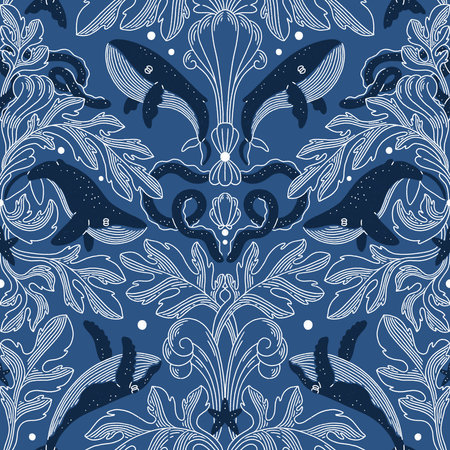 Nautical damask texture with whales, modern vintage seamless pattern illustrationの写真素材