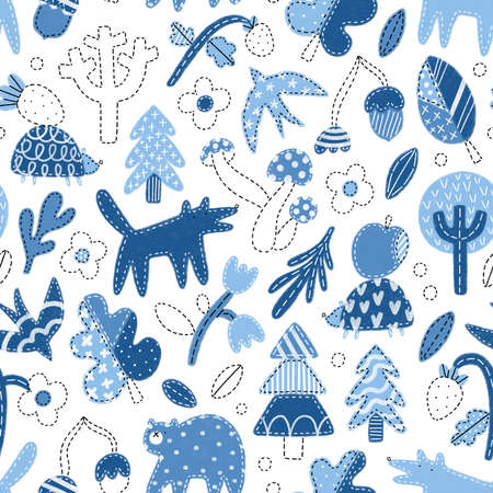 Patchwork denim woodland seamless pattern illustration, blue tone jeans texture, cute nursery forest themeの写真素材