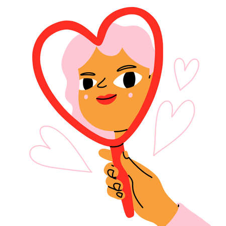 Self love mirror, cute girl looking in a mirror, cartoon vector illustration isolated on white backgroundのイラスト素材