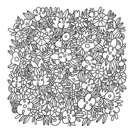 Wild flowers and grass vector square background template, crazy black and white outlined floral doodles, isolated on white backgroundのイラスト素材