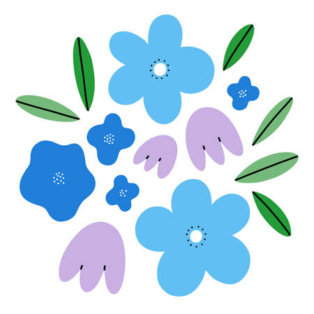 Abstract spring flowers simple vector composition, blue tones illustration, isolated on white backgroundのイラスト素材
