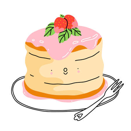 Cartoon cute fluffy pancake with strawberry, vector illustration isolated on white backgroundのイラスト素材