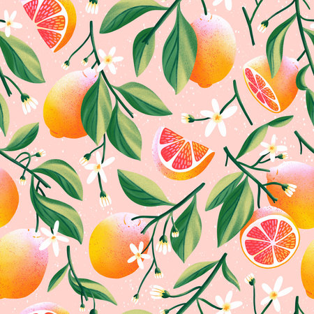 Sunny grapefruits summer seamless pattern illustration, shiny juicy texture with pink backgroundの写真素材
