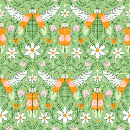 Daisy flowers and jewel beetles illustration in a green and orange retro seamless pattern, vintage textureの写真素材