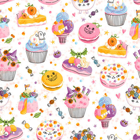 Pastel pastry like cupcakes and macarons for Halloween party, cartoon seamless patternの写真素材