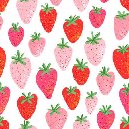 Hand drawn fresh juicy pink and red strawberries, summer seamless pattern with white backgroundの写真素材