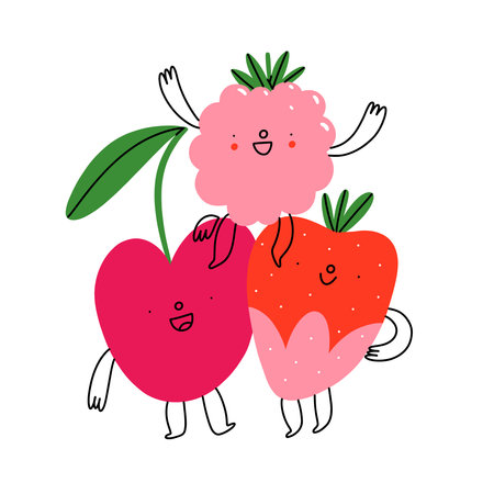 Cherry, strawberry and raspberry cute cartoon characters, vector berries illustration, isolated on white backgroundのイラスト素材