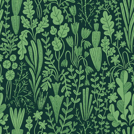 Fresh garden greens, abstract hand drawn shapes, seamless pattern illustration on dark backgroundの写真素材