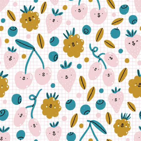 Cute pastel cartoon berries smiling on check tablecloth, seamless pattern illustrationの写真素材