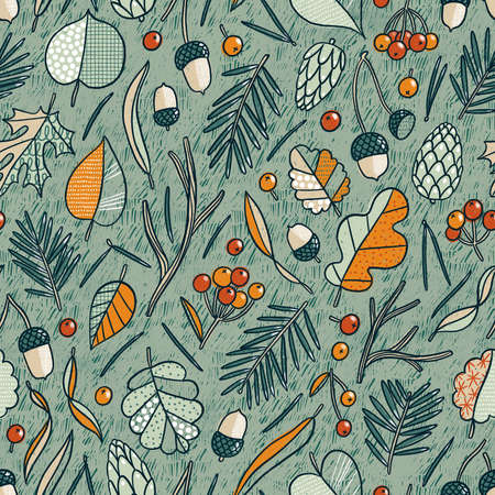 A walk in the autumn forest, seamless pattern illustration with treasures from fall woodsの写真素材