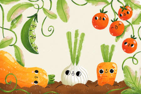 Farm fresh vegetables with cute cartoon faces, beautiful garden illustrationの写真素材