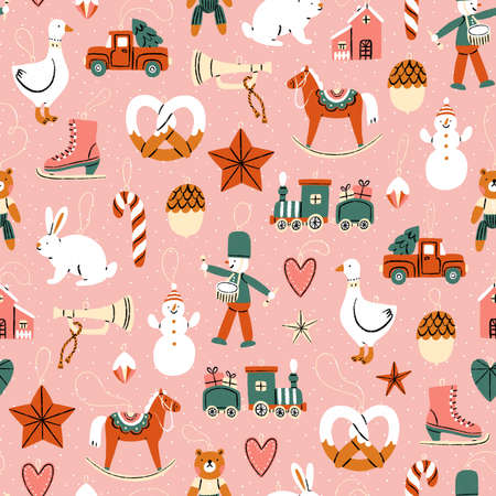 Christmas tree retro toys, cartoon illustration pattern in pink and green vintage colors and dots at the backgroundの写真素材