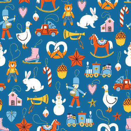 Christmas tree retro toys, colorful cartoon illustration pattern with blue backgroundの写真素材