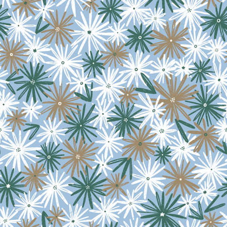 Calming daisies flower field seamless pattern illustration, hand drawn little flowers on blue backgroundの写真素材