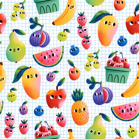 Super fresh exotic fruits cartoon characters on a check background, seamless pattern illustration, cute colorful printの写真素材