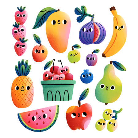Super fresh exotic fruits illustration, cartoon characters collection, isolated on white backgroundの写真素材