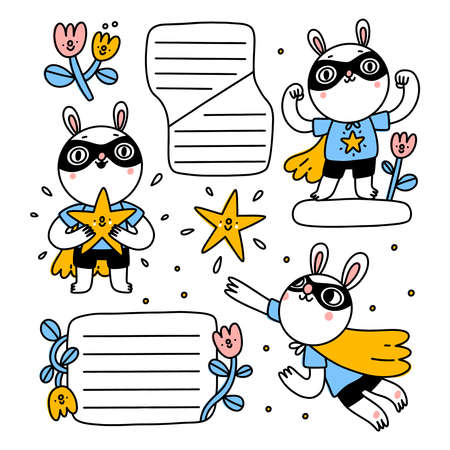 Superhero bunny cartoon character and place for notes, vector clip art, isolated on white backgroundのイラスト素材