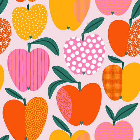 Juicy apples with abstract hand drawn textures, vector seamless summer pattern on light pink backgroundのイラスト素材