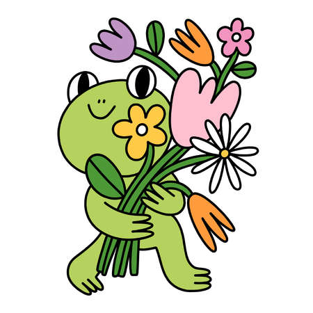 Cute little cartoon frog with flowers bouquet, vector illustration, isolated on white backgroundのイラスト素材
