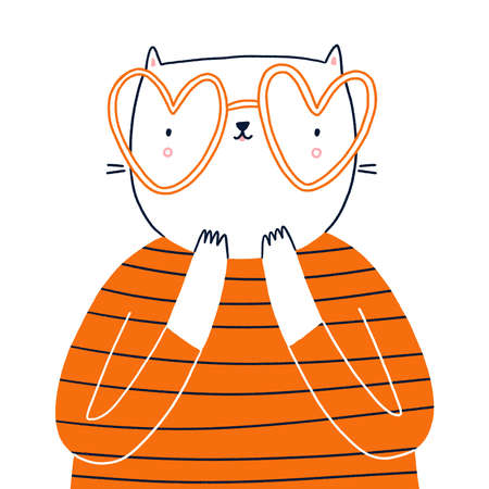 Cat in heart shaped glasses and red striped shirt, lovely vector illustrationのイラスト素材