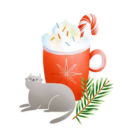 Cozy Christmas illustration with cat, festive coffee mug, candy and spruce branch, isolated on white backgroundの写真素材