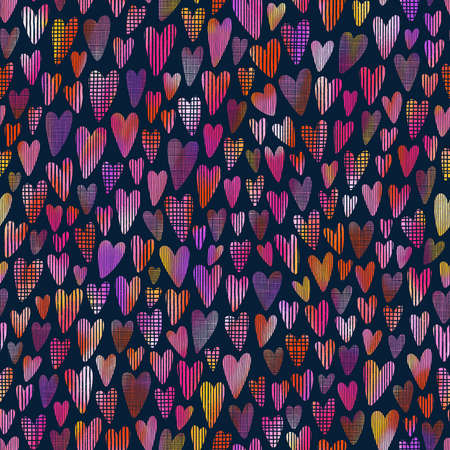 Abstract little hearts on dark background, with fun hand drawn textures, seamless pattern illustrationの写真素材