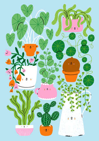 Plants are friends, cute cartoon home plants illustrations, grouped on light blue background, happy hand drawn print for plant loversの写真素材