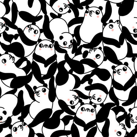 Cute cartoon pandas everywhere, vector seamless pattern. The most cutest bear ever - panda! Black and white and a little pink on cheeksのイラスト素材