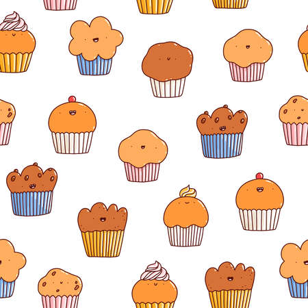 Cartoon cupcakes and muffins cute characters vector seamless pattern, isolated on white backgroundのイラスト素材